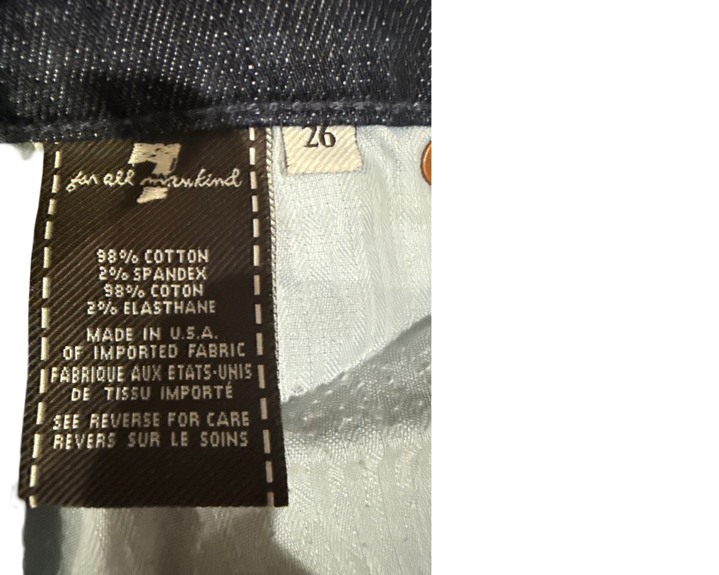7 For All Mankind Size 26 Length 34 Dojo Rise 7.75"